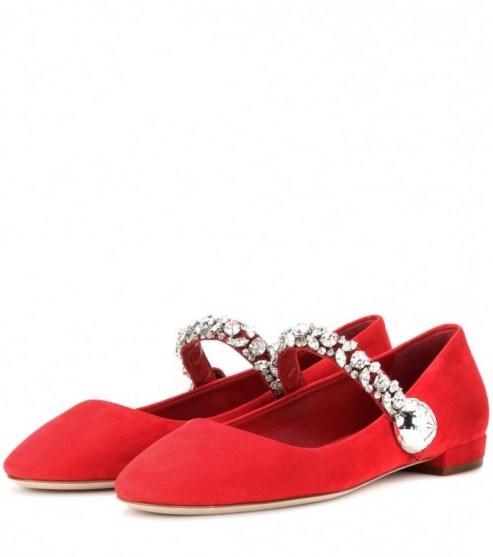 MIU MIU Suede Mary Janes with crystal embellishments ~ red Mary Jane shoes - flipped