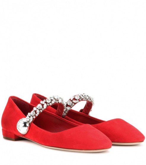 MIU MIU Suede Mary Janes with crystal embellishments ~ red Mary Jane shoes