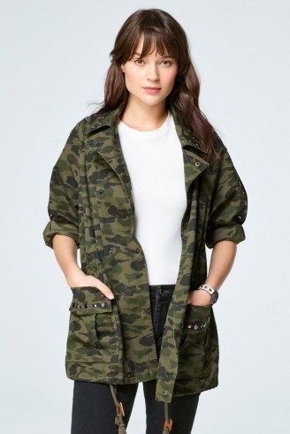 REBECCA MINKOFF MONARDA COAT | khaki camouflage jackets | denim camo print coats - flipped