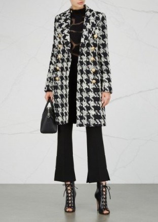 BALMAIN Monochrome wool blend herringbone tweed coat – chic winter coats - flipped
