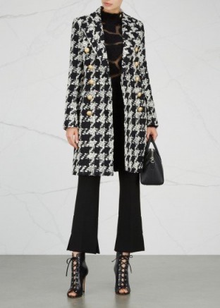 BALMAIN Monochrome wool blend herringbone tweed coat – chic winter coats