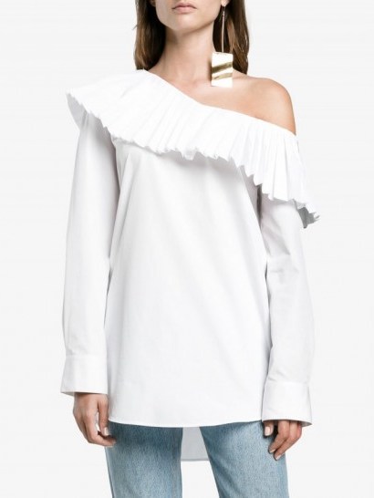 Monographie One-Shoulder Pleated Trim Top – white frill shoulder tops - flipped