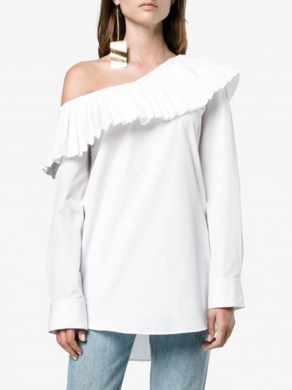 Monographie One-Shoulder Pleated Trim Top – white frill shoulder tops