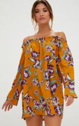 Pretty Little Thing MUSTARD FLORAL PRINTED BARDOT DRESS ~ dark yellow off the shoulder dresses