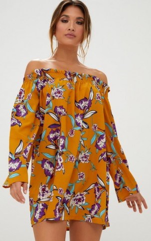 Pretty Little Thing MUSTARD FLORAL PRINTED BARDOT DRESS ~ dark yellow off the shoulder dresses - flipped
