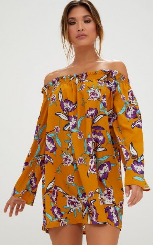 Pretty Little Thing MUSTARD FLORAL PRINTED BARDOT DRESS ~ dark yellow off the shoulder dresses