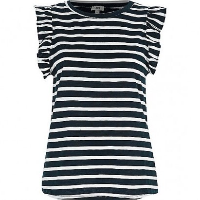 River Island Navy stripe frill sleeve tank top – blue and white striped tops – nautical tee - flipped
