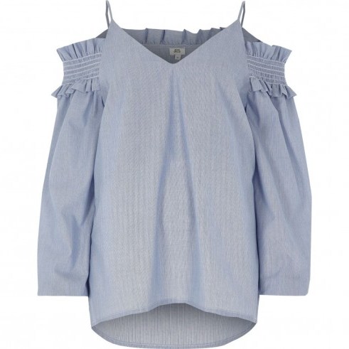 River Island Navy stripe strappy shirred frill bardot top – blue cold shoulder summer tops - flipped
