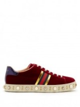 GUCCI New Ace faux-pearl embellished velvet trainers ~ luxe sneakers
