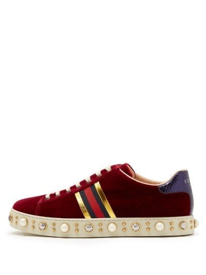 GUCCI New Ace faux-pearl embellished velvet trainers ~ luxe sneakers - flipped