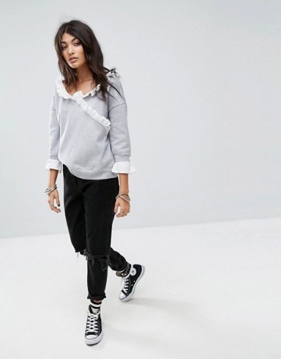Noisy May Sweat Top with Woven Ruffle Detail - flipped
