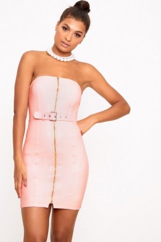 PRETTYLITTLETHING NUDE FAUX LEATHER BELT DETAIL BODYCON DRESS ~ pretty little thing ~ pink party dresses - flipped