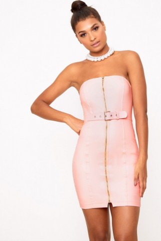 PRETTYLITTLETHING NUDE FAUX LEATHER BELT DETAIL BODYCON DRESS ~ pretty little thing ~ pink party dresses
