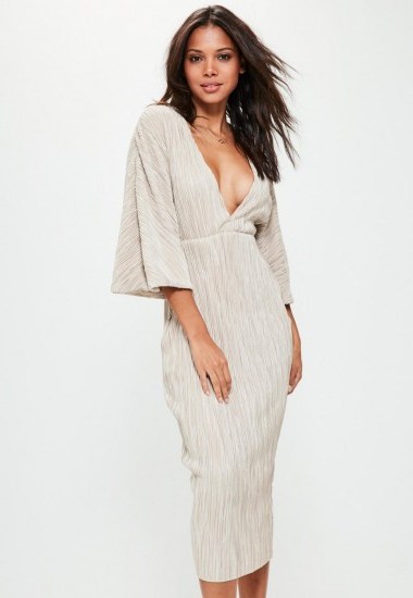 missguided nude flared pleated plunge midi dress - flipped