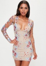 missguided nude long sleeve bodycon dress