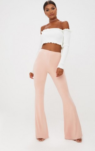 PRETTY LITTLE THING NUDE SLINKY FLARED TROUSERS