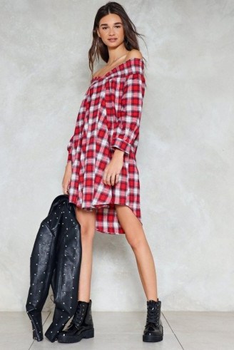 On the Square Tartan Dress ~ off the shoulder shirtdress - flipped