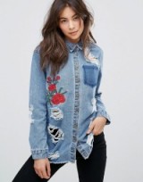 Only Embroidered Shirt With Rips | destroyed blue denim floral shirts