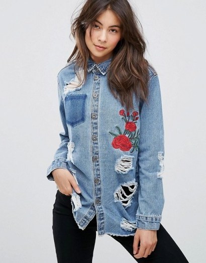 Only Embroidered Shirt With Rips | destroyed blue denim floral shirts - flipped