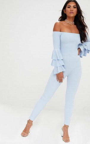 Pretty Little Thing PALE BLUE RUFFLE LAYER SLEEVE JUMPSUIT ~ off the shoulder jumpsuits - flipped