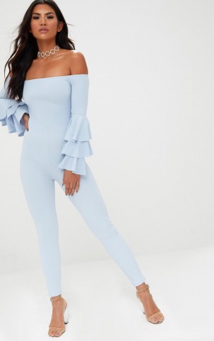 Pretty Little Thing PALE BLUE RUFFLE LAYER SLEEVE JUMPSUIT ~ off the shoulder jumpsuits