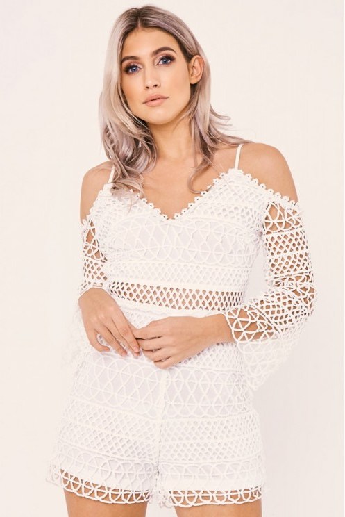 in the style PAMLA WHITE CROCHET LACE COLD SHOULDER PLAYSUIT - flipped
