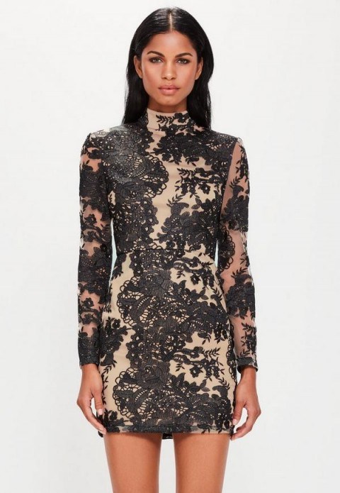 Missguided peace + love black high neck mesh lace bodycon dress - flipped