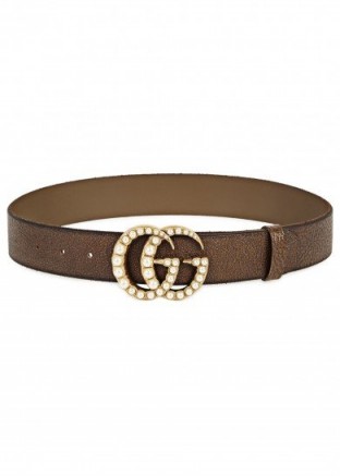 GUCCI Pearl-embellished brown leather belt ~ brown belts