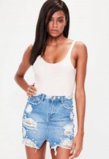 MISSGUIDED petite blue denim pearl chain busted hem skirt | destroyed skirts