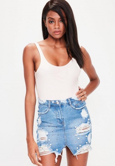 MISSGUIDED petite blue denim pearl chain busted hem skirt | destroyed skirts - flipped