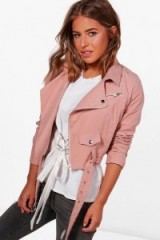 boohoo Petite Holly Belted Suedette Biker ~ rose pink jackets