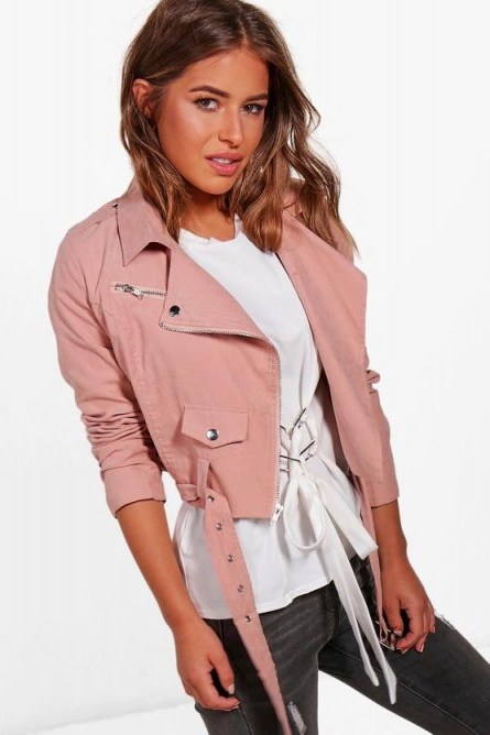 boohoo Petite Holly Belted Suedette Biker ~ rose pink jackets - flipped