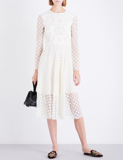 PHILOSOPHY DI LORENZO SERAFINI Fit-and-flare lace dress ~ semi sheer cream floral midi dresses