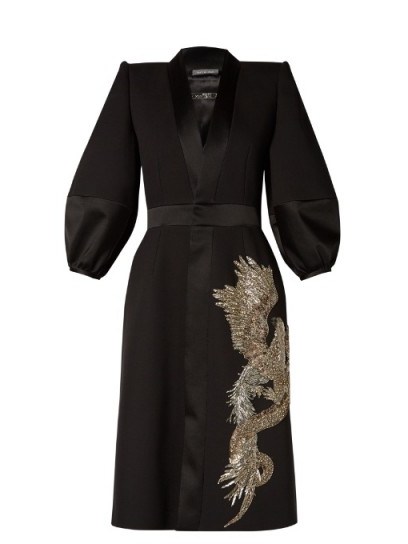 ALEXANDER MCQUEEN Phoenix and dragon-embellished wool-blend dress ~ chic black dresses ~ lbd - flipped