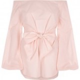 RIVER ISLAND Pink bow front bell sleeve bardot top