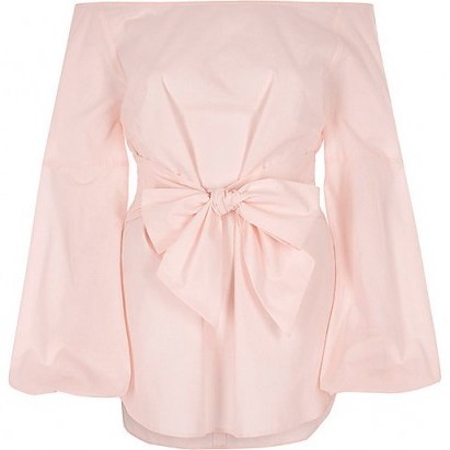 RIVER ISLAND Pink bow front bell sleeve bardot top - flipped