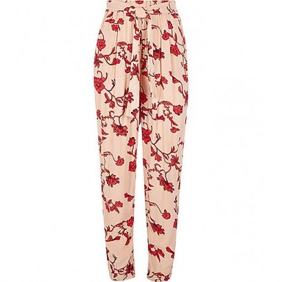 River Island Pink floral tie waist tapered trousers - flipped