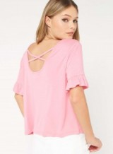 MISS SELFRIDGE Pink Frill Sleeve Lattice T-Shirt