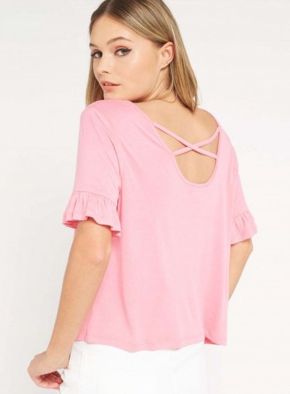 MISS SELFRIDGE Pink Frill Sleeve Lattice T-Shirt - flipped