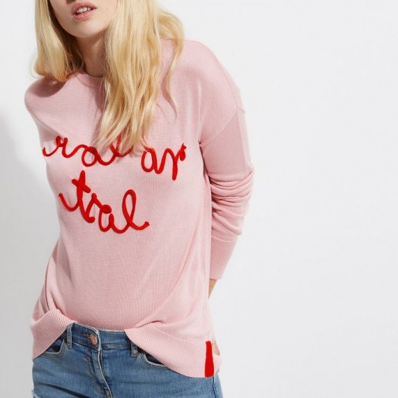 River Island Pink knit ‘no love lost’ slogan jumper - flipped