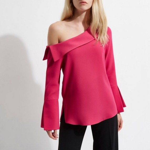 River Island Pink one shoulder flared long sleeve top - flipped