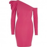 RIVER ISLAND Pink one shoulder puff sleeve bodycon dress