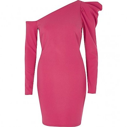 RIVER ISLAND Pink one shoulder puff sleeve bodycon dress - flipped