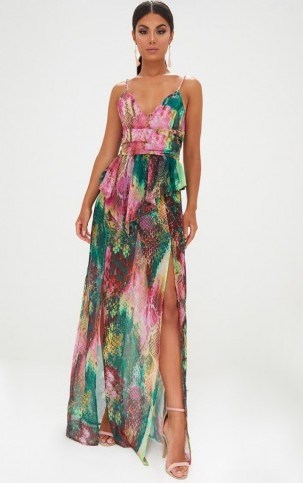 PRETTYLITTLETHING PINK STRAPPY FRILL DETAIL SNAKE PRINT MAXI DRESS ~ pretty little thing - flipped