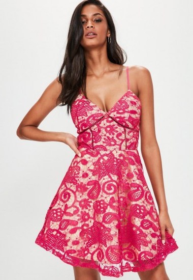 missguided pink strappy lace skater dress - flipped
