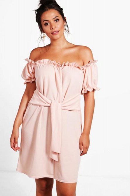 boohoo Plus Lucie Off The Shoulder Tie Waist Shift Dress ~ blush pink curvy bardot dresses - flipped