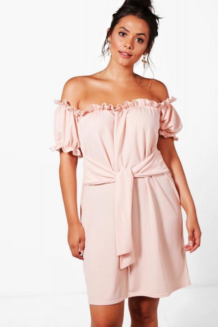 boohoo Plus Lucie Off The Shoulder Tie Waist Shift Dress ~ blush pink curvy bardot dresses