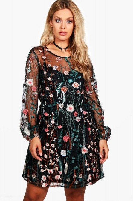 boohoo Plus Zoe Embroidered Skater Dress ~ curvy floral party dresses - flipped