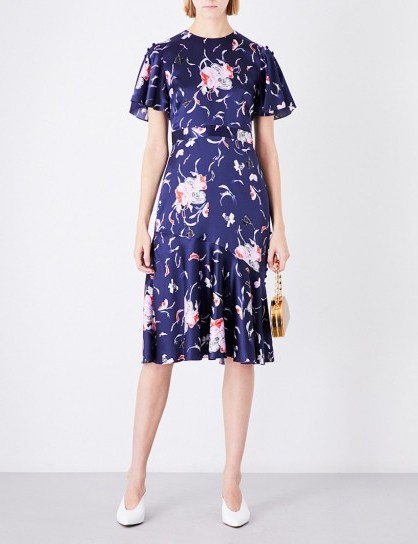 PRABAL GURUNG Flounced-hem floral silk dress ~ navy blue flower printed dresses - flipped