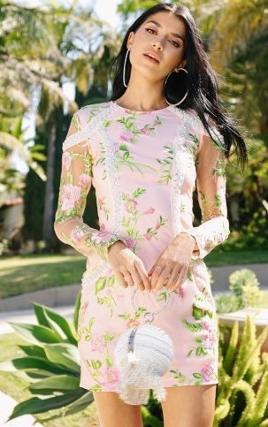 PRETTYLITTLETHING PREMIUM BLUSH EMBROIDERED LACE PEARL TRIM BODYCON DRESS ~ pink party dresses ~ pretty little thing - flipped
